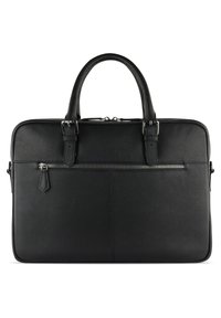 Zwarte leren aktetas met een gestructureerde afwerking, dubbele handvatten en een voorzak met rits. Heeft slanke lijnen en minimale hardware.