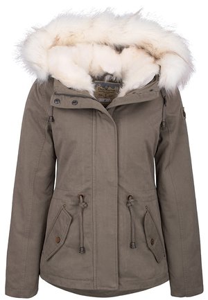 Taupefarbige Damen-Winterjacke mit Kapuze, die mit weißem Kunstpelz besetzt ist, Frontklappentaschen und verstellbaren Kordeln an der Taille.