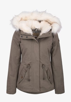Taupefarbige Damen-Winterjacke mit Kapuze, die mit weißem Kunstpelz besetzt ist, Frontklappentaschen und verstellbaren Kordeln an der Taille.