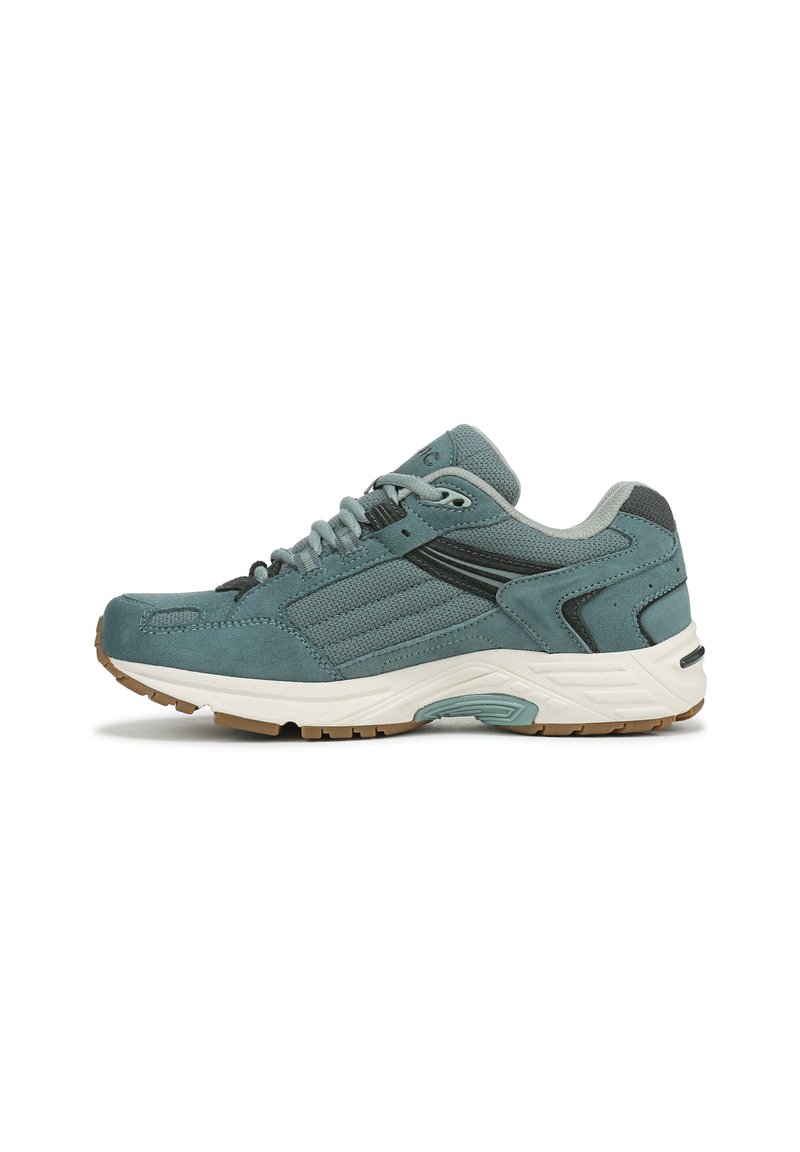 Teal athletic shoe with a mix of suede and mesh materials, textured overlays, grey accents, and a rubber outsole. Laces and padded collar included.