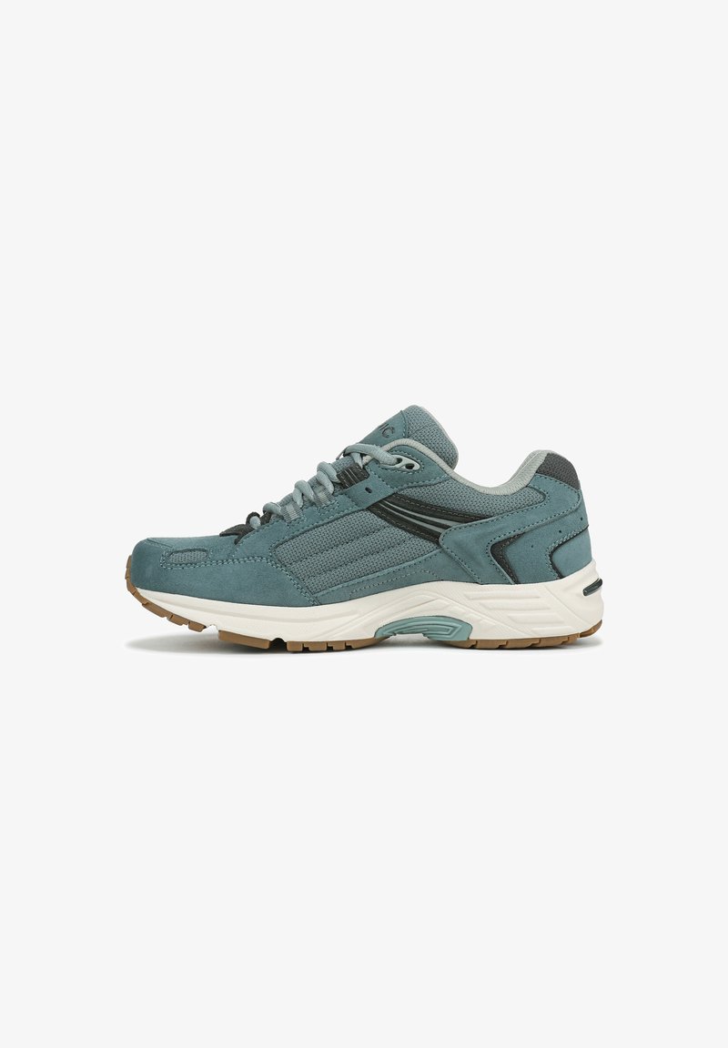 Teal-Sportschuh aus einer Mischung von Wildleder und Mesh-Materialien, mit strukturierten Überzügen, grauen Akzenten und einer Gummisohle. Inklusive Schnürsenkeln und gepolstertem Kragen.