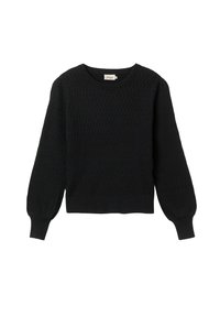 Svart pullovertröja med en texturerad stickad design, rund halsringning och långa ballongärmar, med ribbad nederkant och ärmslut.