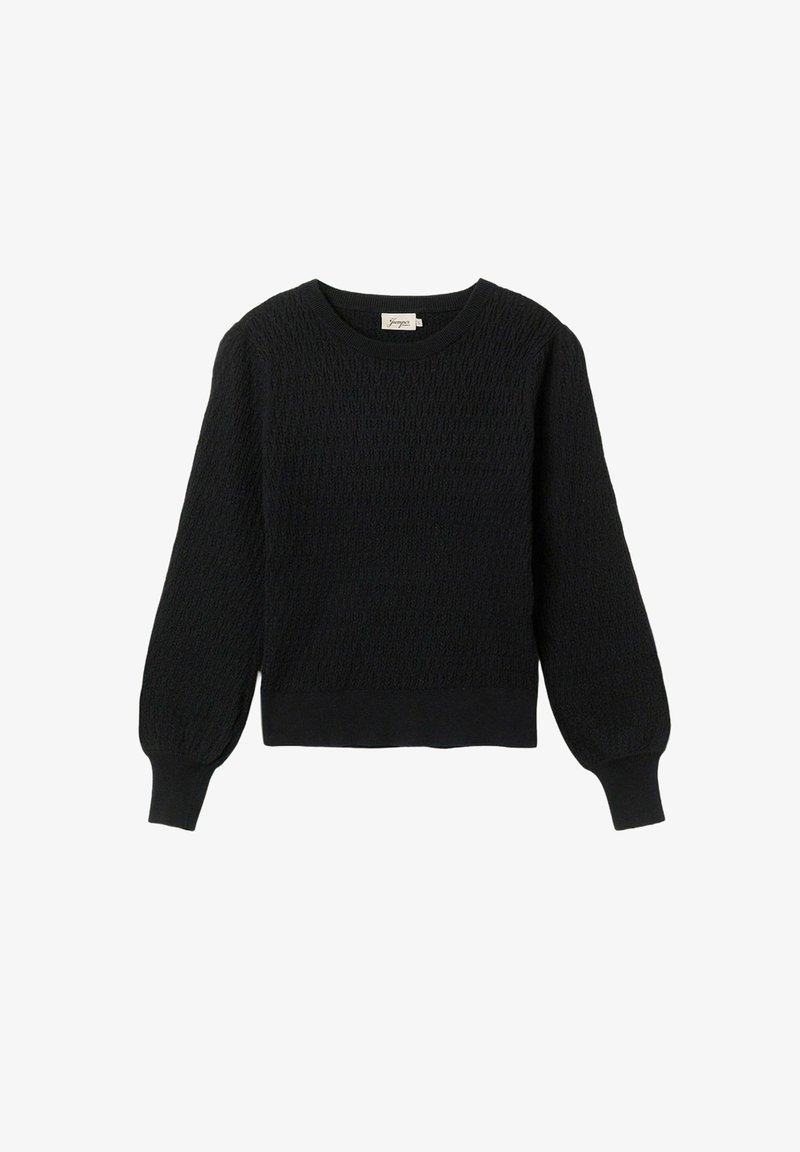 Musta villapaita, jossa on teksturoitu neulekuvio, pyöreä pääntie ja pitkät pallohihat, sekä ribbireunat hihansuissa ja helmasssa.