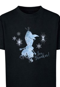 Čierne bavlnené tričko s modrou grafikou snehuliaka a vločkami snehu, s nápisom "Ice Breaker!" v hravom písme.