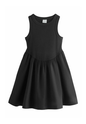 Black sleeveless dress featuring a fitted ribbed top and a flared elastic waistband with a smooth, flowing skirt.