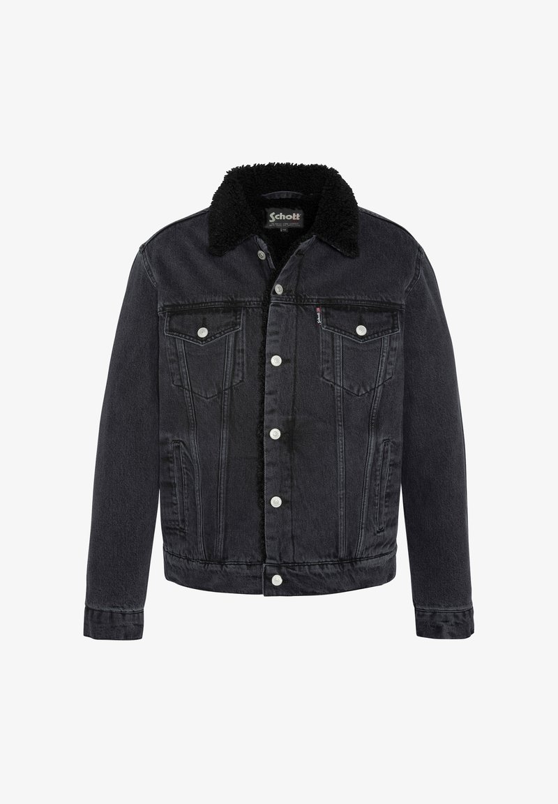Veste en jean noire avec col en fausse laine noire, fermeture à boutons sur le devant, deux poches poitrine à rabat et poches latérales.