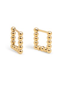 Orecchini a cerchio color oro con forma quadrata, dettagli arrotondati a forma di perla, finitura lucida e chiusura a cerniera per una vestibilità sicura.