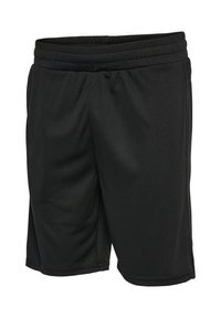 Shorts de sport noirs avec taille élastique, fabriqués en tissu léger et respirant, présentés sur un fond blanc uni.