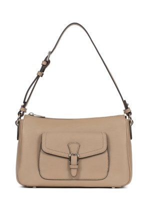 Borsa a spalla in pelle beige con tasca frontale con fibbia, chiusura con cerniera argentata e tracolla regolabile marrone scuro.