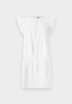 Robe blanche à volants avec des manches courtes à volants, col rond et corsage froncé. Fabriquée dans un tissu léger au toucher doux.