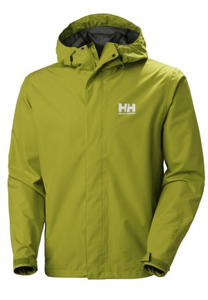 Grüne wasserdichte Jacke mit Kapuze, ausgestattet mit einem Reißverschluss vorne, Klettverschlussärmeln und einem Logo auf der Brust. Glatte Textur und lässiges Design.