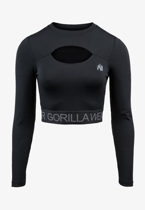 Zwarte cropped longsleeve top met een uitsnijding bij de halslijn, een grijze merkband aan de zoom en een strakke, gladde textuur.