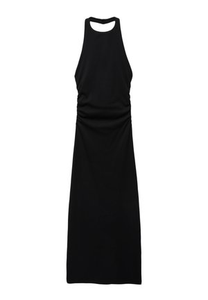 Schwarzes Halterkleid mit taillierter Silhouette, gerafften Seiten für Textur und einer Schlüsselringöffnung am Rücken. Hergestellt aus einem weichen, dehnbaren Stoff.