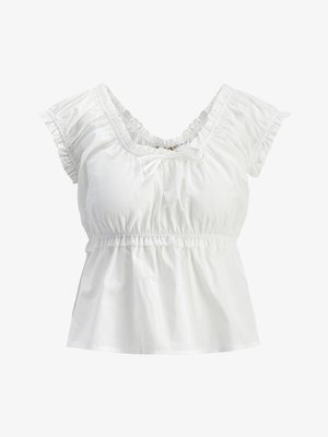 Fehér pamut blúz széles nyakkivágással, ráncolt, kis ujjal és gumírozott derékrésszel. Elöl megkötős részlettel és sima textúrával rendelkezik.