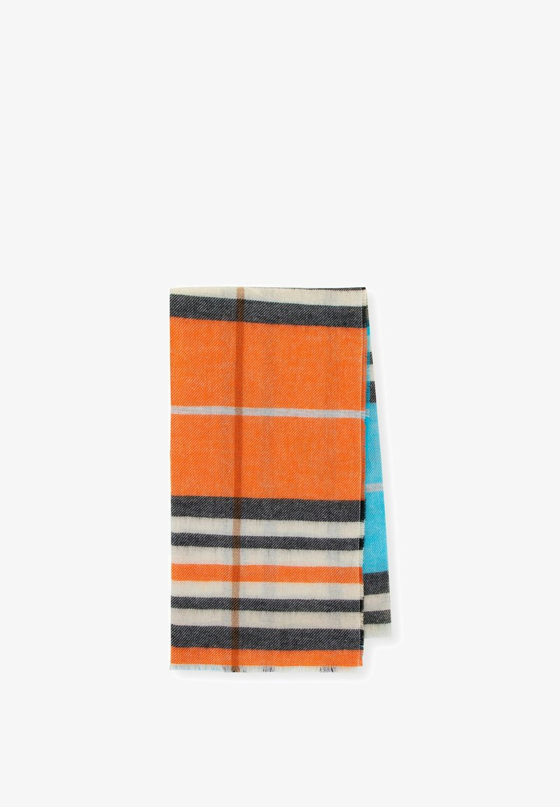 Mehrfarbiger karierten Schal mit orange, schwarz und blauen Streifen; leichtes Material mit weicher Textur und fransigen Kanten.