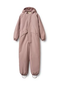 Overall rosa resistente all'acqua con cappuccio, polsini elastici e chiusure a pressione. Texture liscia, tasche frontali e passanti per caviglie regolabili.