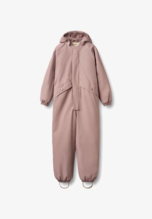 Mono rosa resistente al agua con capucha, puños elásticos y cierres a presión. Textura suave, bolsillos frontales y lazos en los tobillos ajustables.