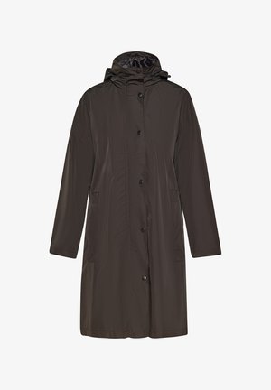 Pruun veekindel jakk kapuutsiga, millel on nööbid ees, küljetaskud ja sile, tekstiilne kangas. Pikkade varrukatega.