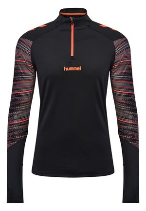 Schwarzes Sportshirt mit einem Viertel-Reißverschluss, langen Ärmeln mit einem bunten abstrakten Muster und einem kleinen Logo auf der Brust.