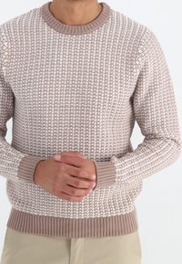 Jasnobrązowy sweter dziany z teksturowanym wzorem, ściągacze przy kołnierzu, mankietach i u dołu, z kontrastowym kremowym wzorem w całej powierzchni.