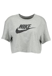 Kortärmad grå t-shirt i mjukt tyg, med en stor svart Nike-logotyp på framsidan, rund halsringning.