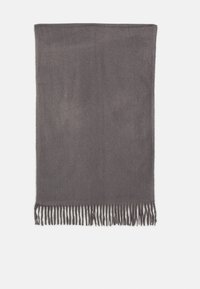 Écharpe grise tissée aux bords frangés, fabriquée en tissu doux, présentant une texture lisse et une forme rectangulaire.