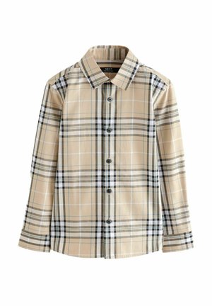 Camicia a scacchi beige con chiusura a bottoni, caratterizzata da linee verdi scure, nere e blu. Maniche lunghe con colletto di media apertura.
