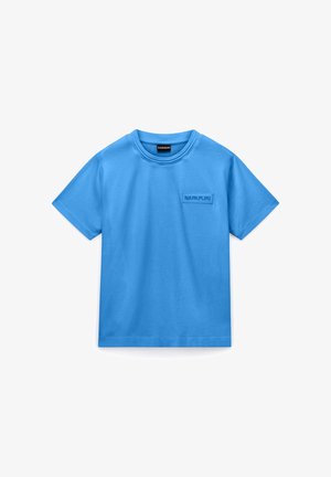Blauw T-shirt met korte mouwen en een ronde hals, met een klein rechthoekig Napapijri-logo op de linkerborst.