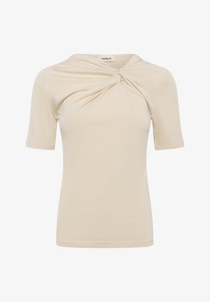 Top beige da donna a maniche corte con dettaglio a nodo intrecciato vicino allo scollo e silhouette aderente.