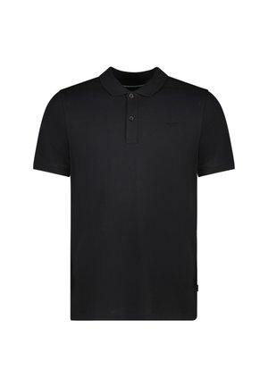 Zwarte polo shirt van gladde stof, met een kraag, drie knopen aan de voorkant en een subtiele merkdetail op de borst.