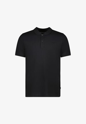 Zwarte polo shirt van gladde stof, met een kraag, drie knopen aan de voorkant en een subtiele merkdetail op de borst.