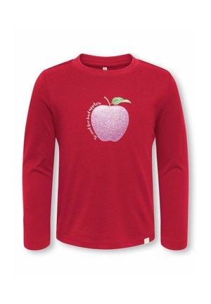 Red long-sleeve shirt with a glittery pink apple graphic and the text "Too cool for bad apples" around the apple.