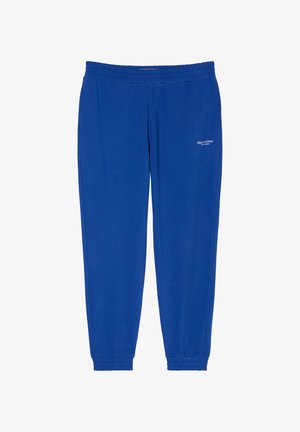 Pantalon de sport bleu avec taille élastique et poignets élastiques. Fabriqué en tissu lisse, avec un petit logo blanc sur le côté gauche.