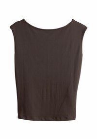 Brown sleeveless top with a rounded neckline, made from soft fabric. Simple design with a straight fit and hem. No patterns or accents.