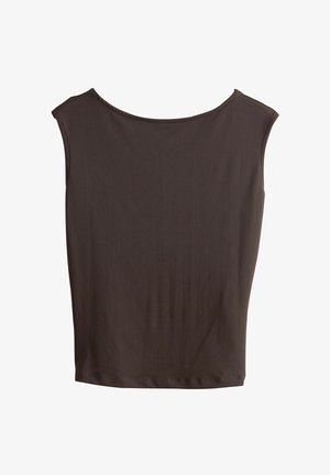 Top marrone senza maniche con scollo arrotondato, realizzato in tessuto morbido. Design semplice con vestibilità dritta e orlo. Nessun motivo o dettaglio decorativo.