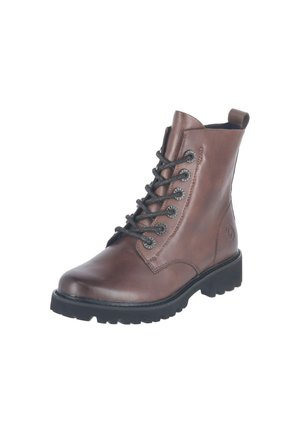 Brown leather lace-up ankle boot with black sole and six metal eyelets on each side.