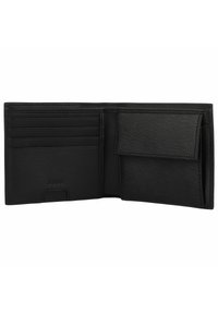 Portafoglio in pelle nera con superficie testurizzata, dotato di più scomparti per carte, di un comparto verticale per banconote e di una tasca aggiuntiva.