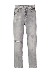 Jeans de mezclilla gris con un ajuste relajado, cintura de altura media, detalles desgastados y dobladillos deshilachados. Diseño estándar de cinco bolsillos.