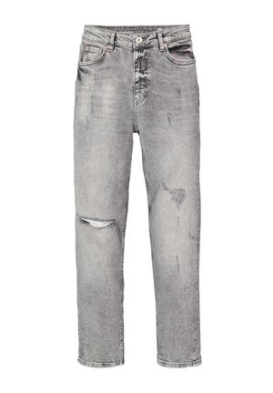 Gray denim jeans featuring a relaxed fit, mid-rise waist, distressed details, and frayed hems. Standard five-pocket design.