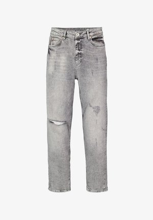 Graue Jeans aus Denim mit lässiger Passform, mittlerem Bund, distressed Details und fransigen Säumen. Standard Fünf-Taschen-Design.
