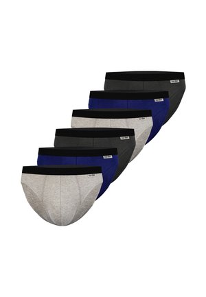 Seis calzoncillos tipo slip para hombre en gris, azul marino y gris oscuro, cada uno con una cintura negra y una pequeña etiqueta "nur der" en el lateral.