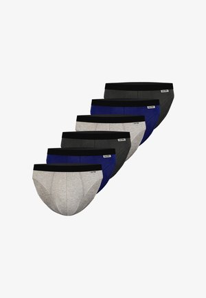 Six slips pour hommes en gris, bleu marine et gris foncé, chacun avec une ceinture noire et une petite étiquette "nur der" sur le côté.