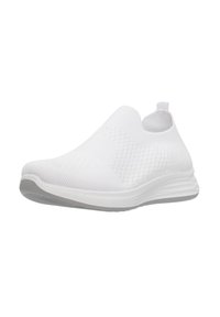 Baskets blanches à enfiler avec tige en tricot élastique, design texturé et semelle grise rembourrée. Style minimaliste avec une finition sans coutures.