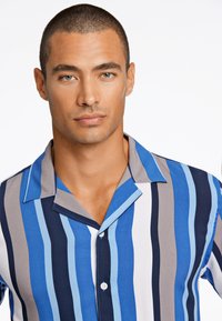 Camicia button-down a maniche corte con righe verticali in diverse tonalità di blu e grigio, dotata di colletto classico e texture del tessuto.