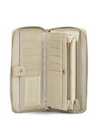 Billetera de cuero beige con apertura con cremallera, múltiples compartimentos para tarjetas, una ventana para ID transparente y un bolsillo para monedas con cremallera. Textura suave y diseño blando.