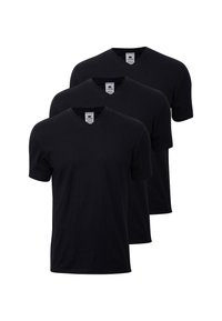 Tre sorte v-hals t-shirts lavet af bomuldsblanding. Korte ærmer, standard pasform, ensfarvet design med synlige mærker ved halsudskæringen.