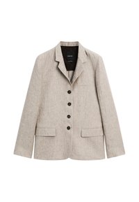 Blazer beige en tissu texturé avec une coupe ajustée, un design boutonné simple, des revers crantés et quatre boutons foncés. Deux poches avant.