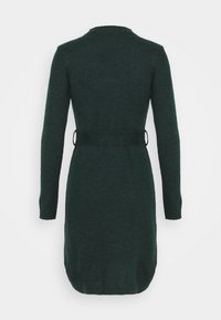Dark green knitted dress with long sleeves, a round neckline, and a tied waist belt. Smooth texture and knee-length hemline.