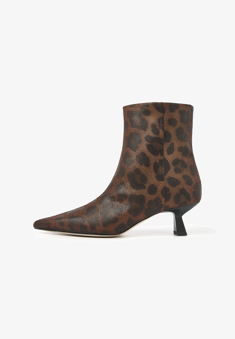 Leopard print ankle boot in textured brown and black material, with a pointed toe and a low, squared heel. Smooth surface finish.