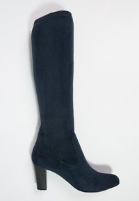 Navy blue suede knee-high boot with a pointed toe, smooth texture, and a chunky heel for stability. Features side stitching detail.